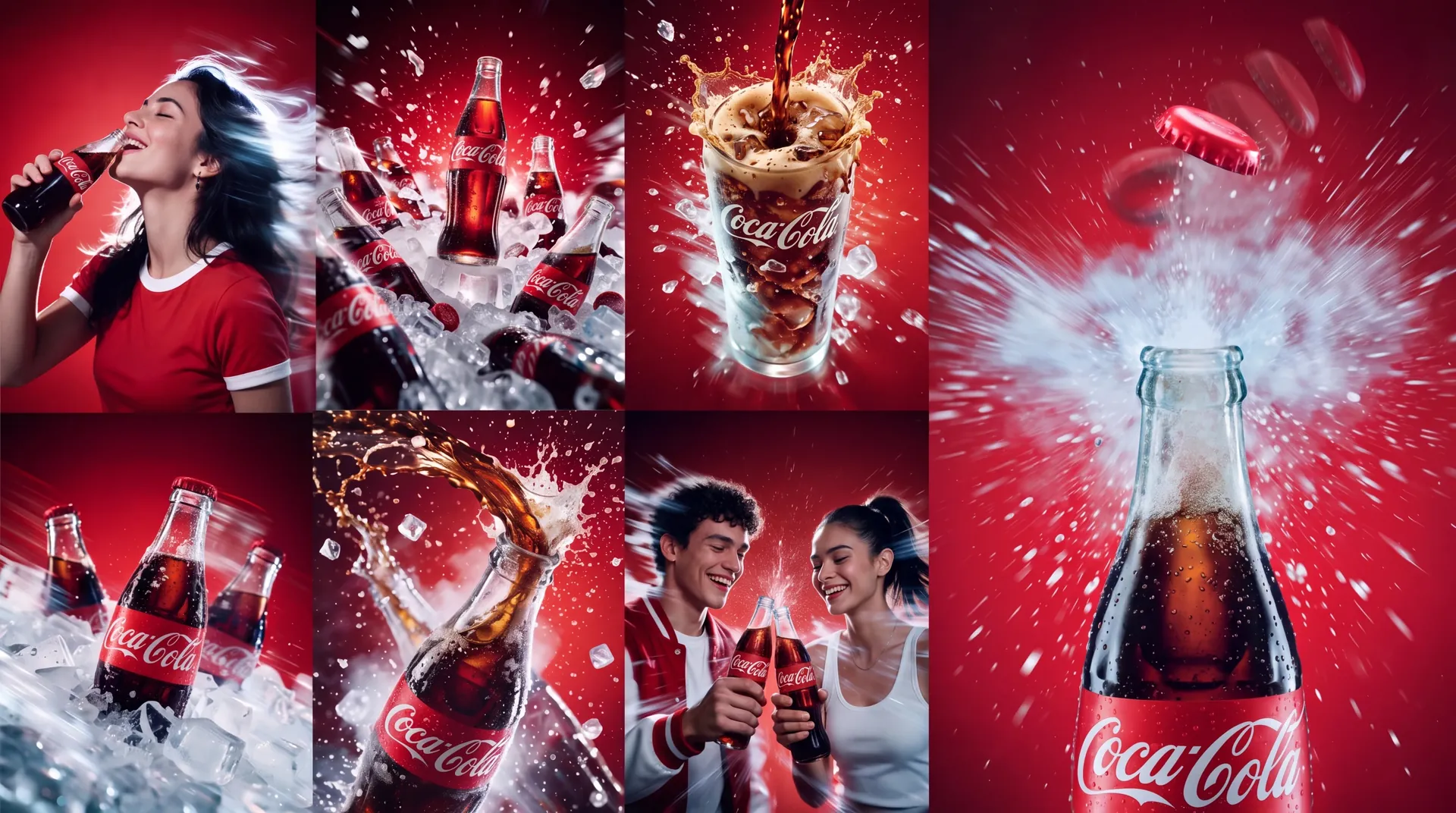 Key visuals from the Coca-Cola campaign: bottles among ice, a glass with foam, the cap flying and people drinking Coca-Cola on a red background.