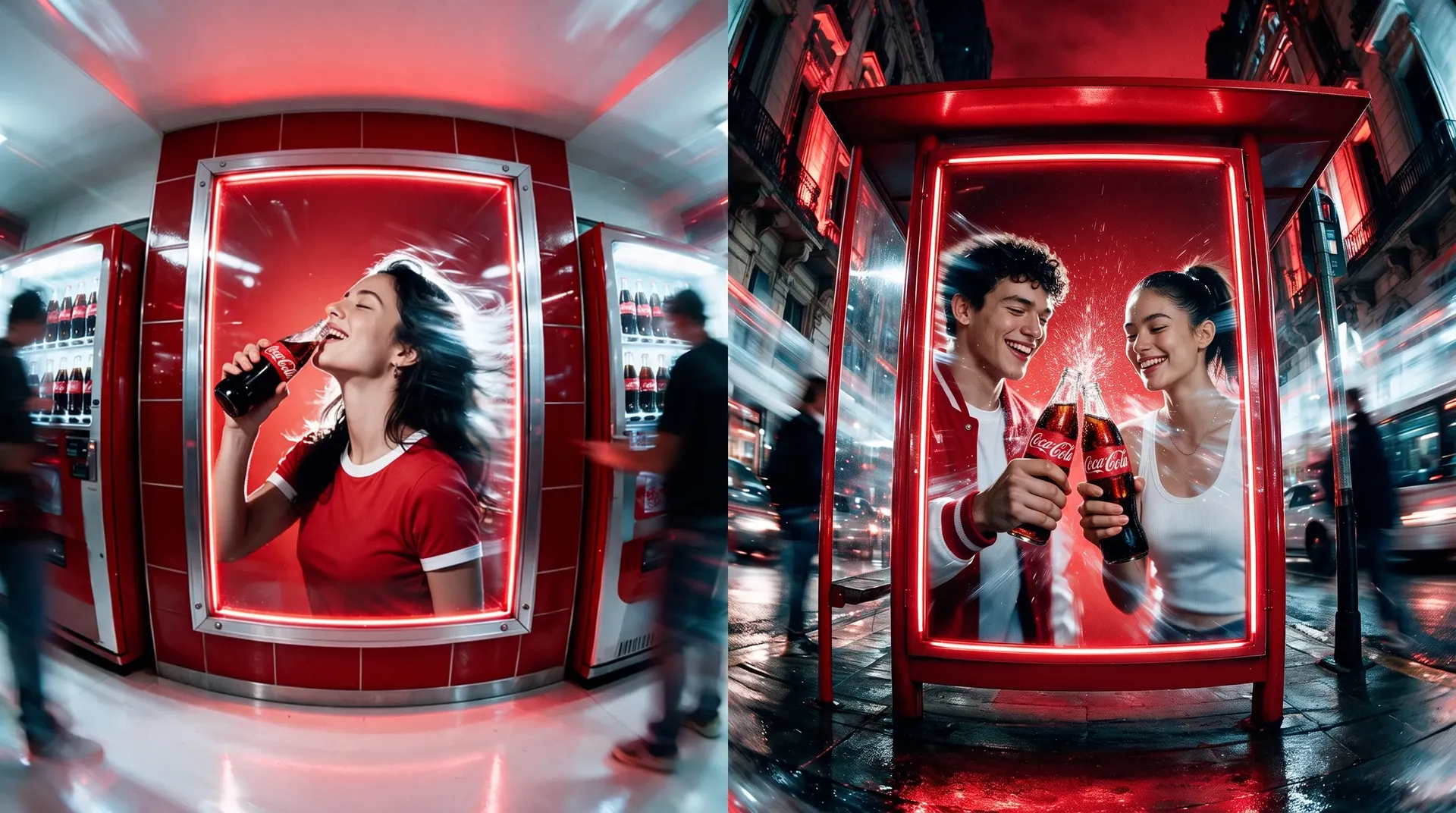 Coca-Cola pieces on a kiosk fridge and at a bus stop, with a couple toasting with bottles.