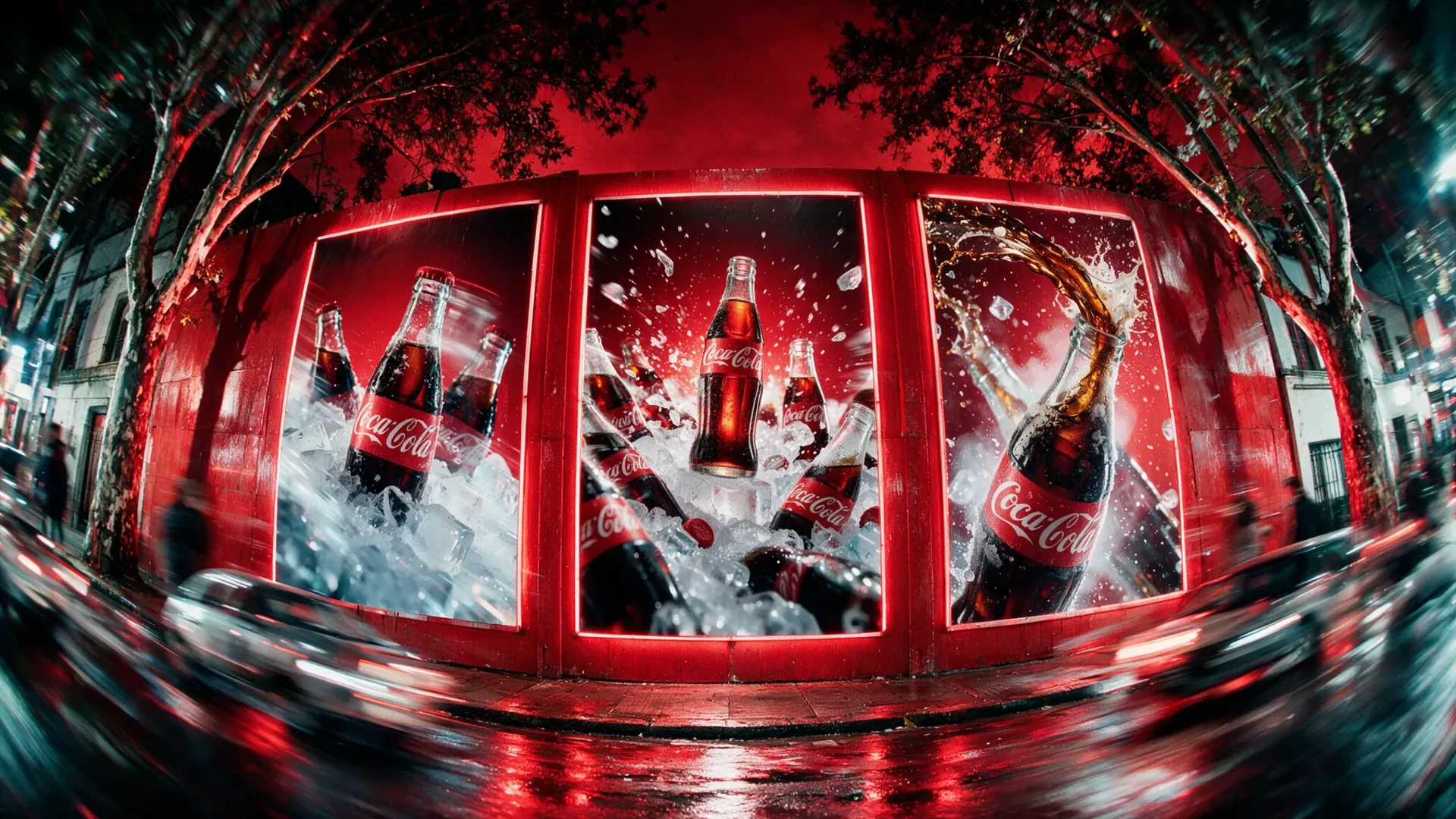 Three Coca-Cola light boxes with bottles among ice, on a street corner at night with cars passing by.