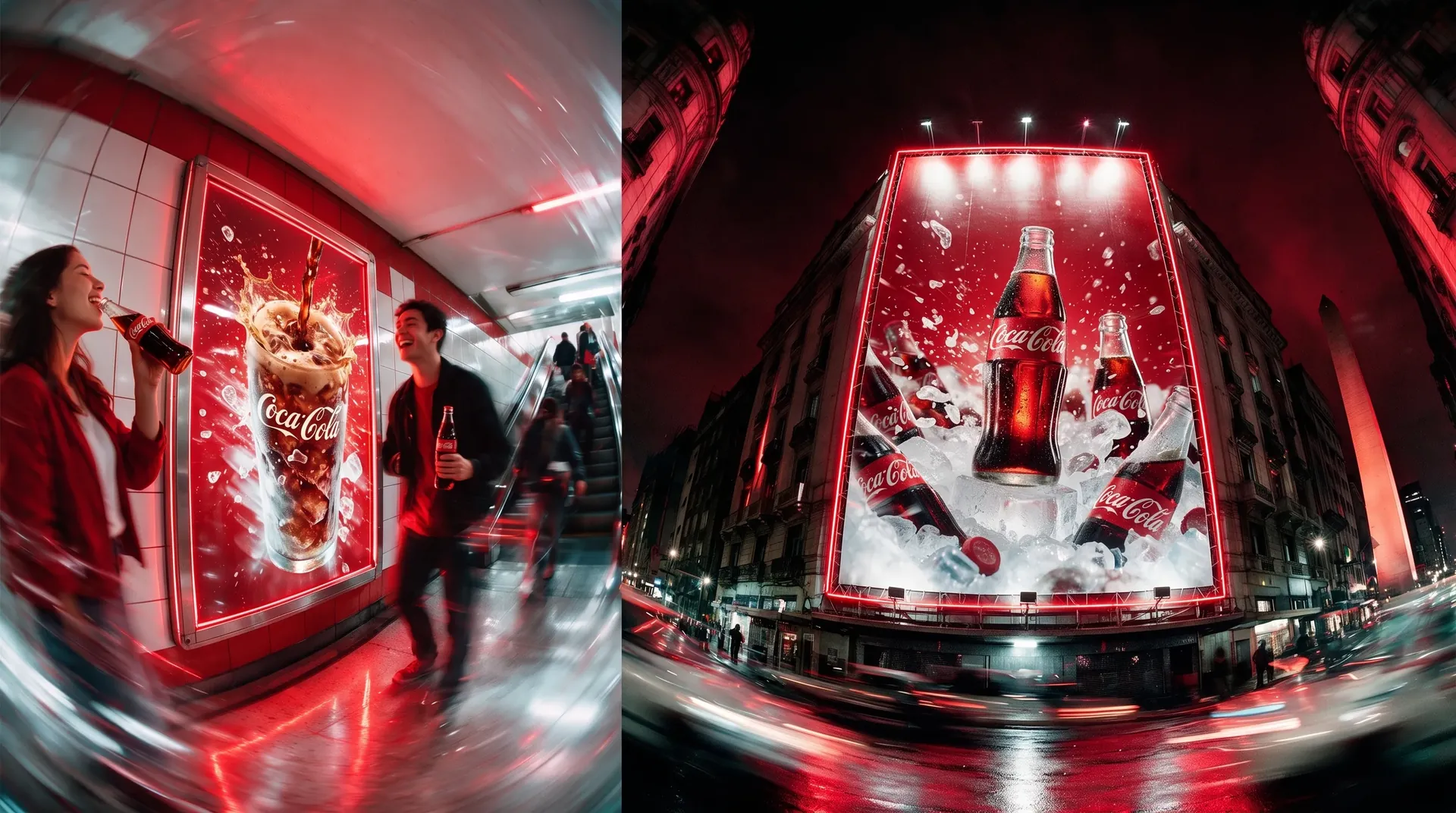 Coca-Cola poster in a subway corridor and a lit campaign billboard on a building facing the Obelisco at night.