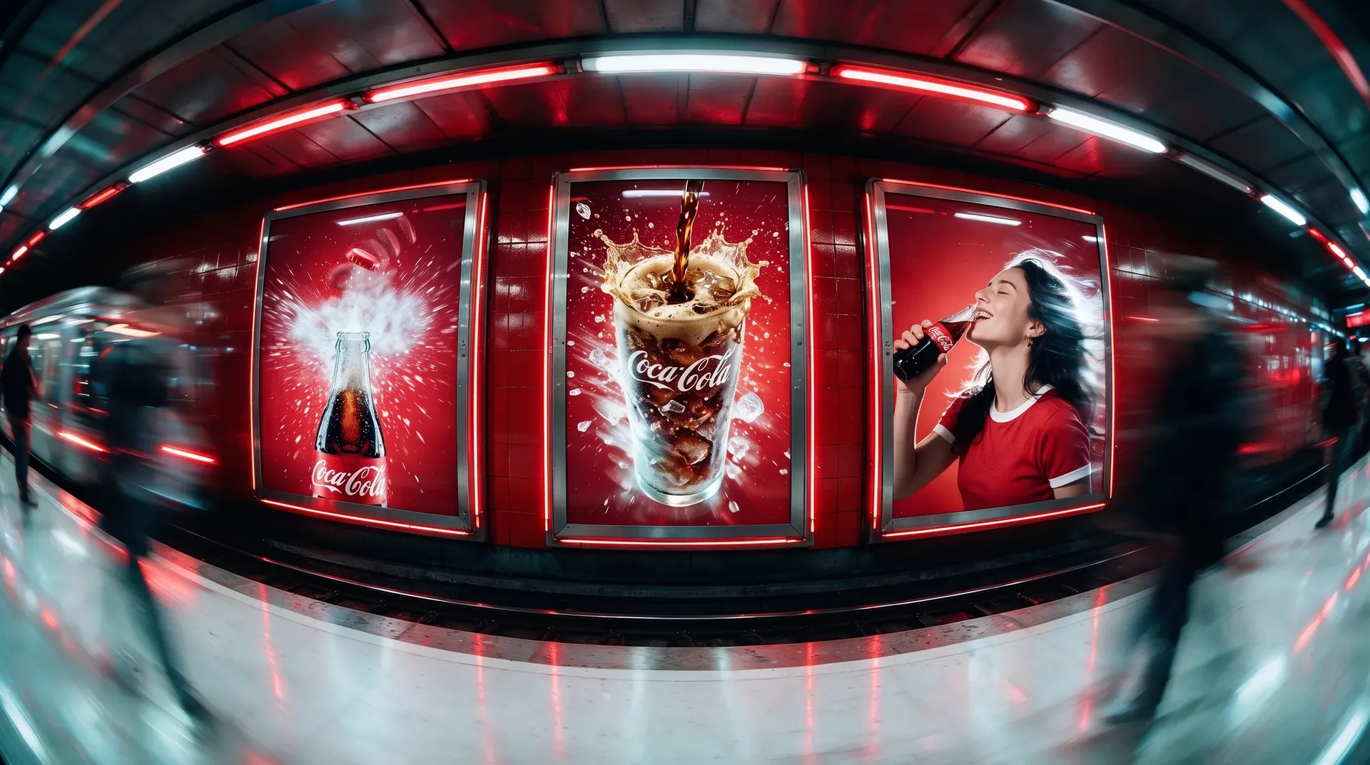 Three Coca-Cola campaign posters on a subway platform, with people passing by in motion.
