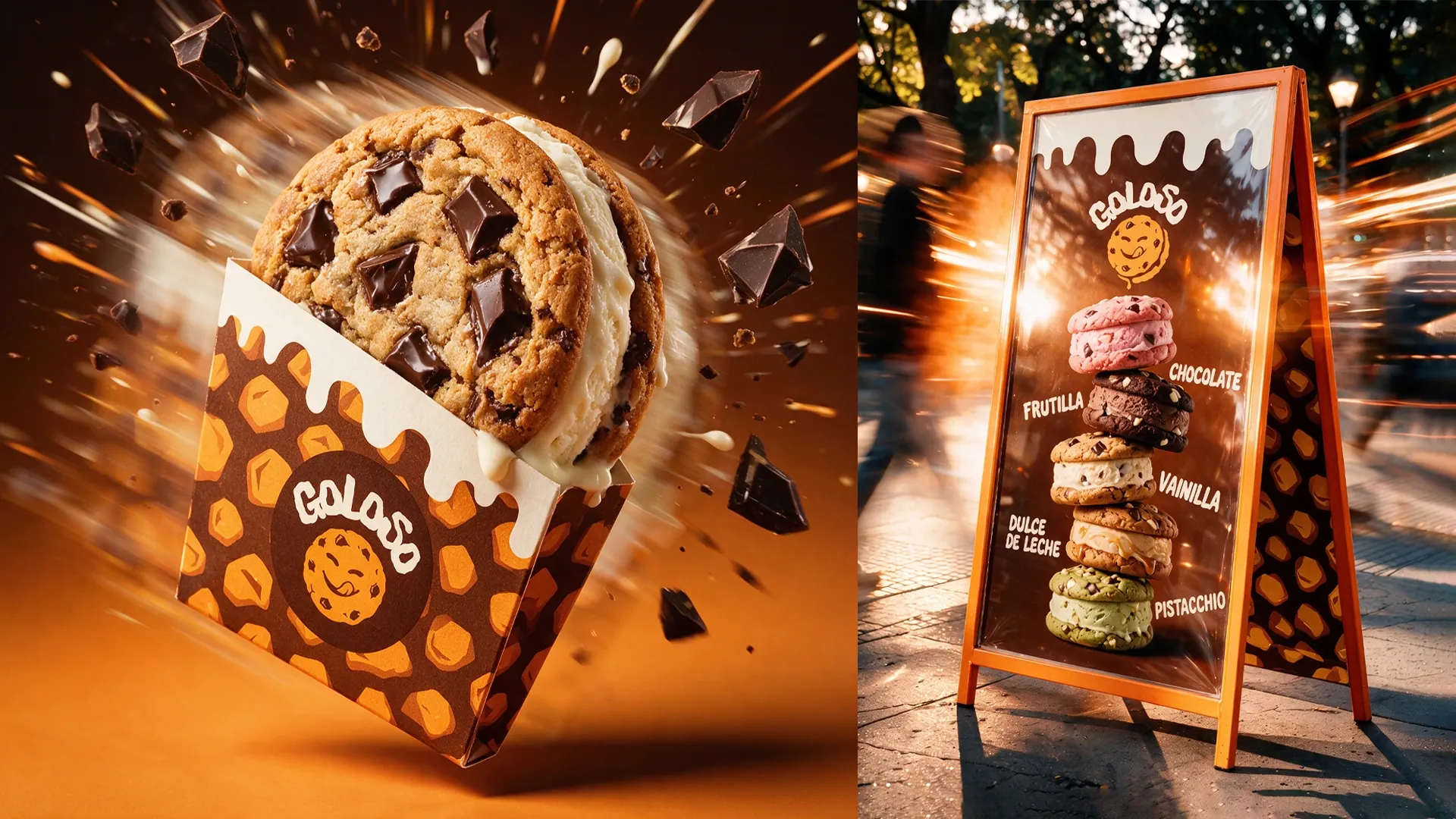 Goloso chocolate chip cookie with ice cream in its wrapper, next to a sidewalk sign with the five flavors.