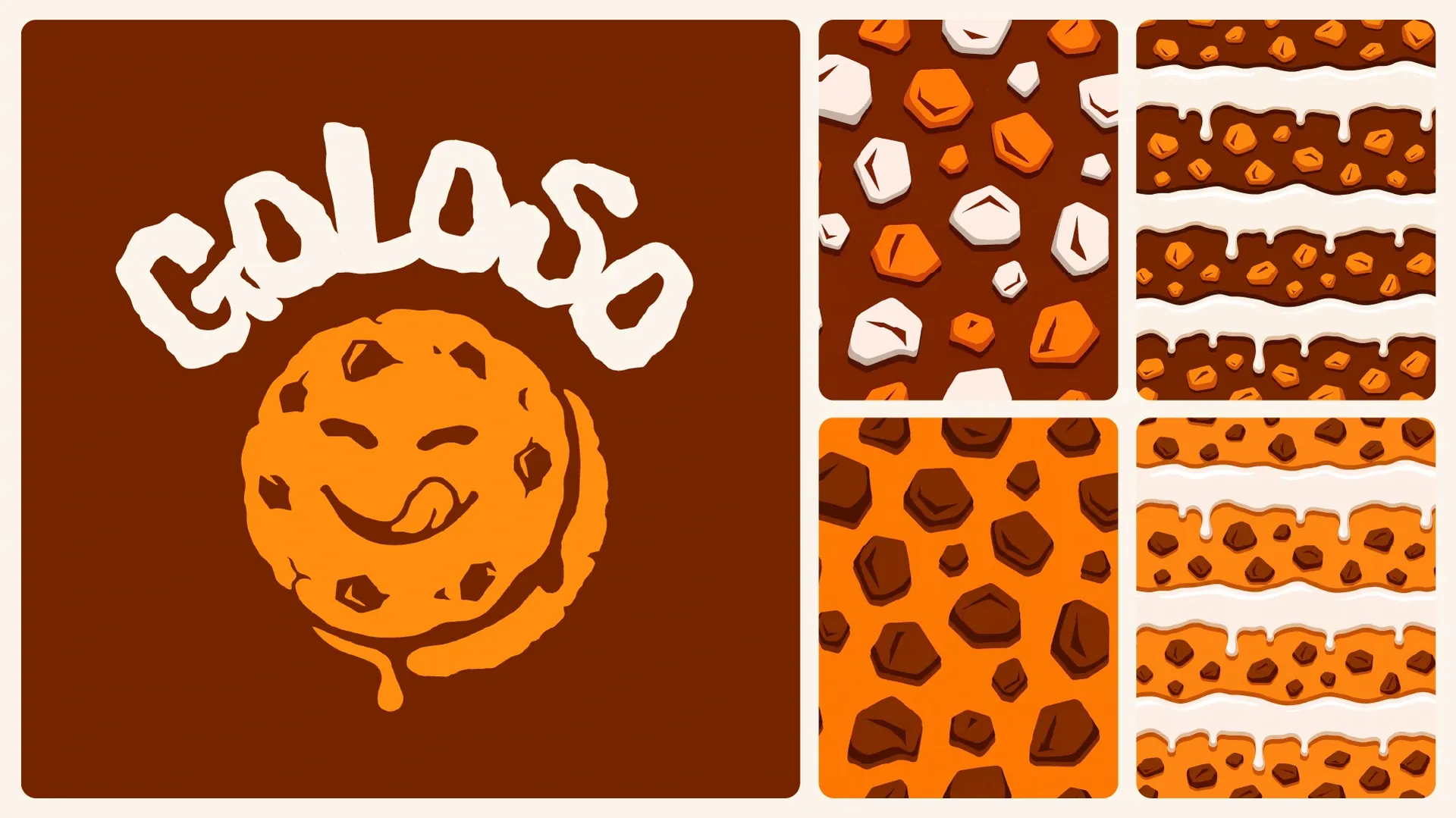 Goloso logo with the cookie licking its lips, and the brand's chip and melted chocolate patterns.