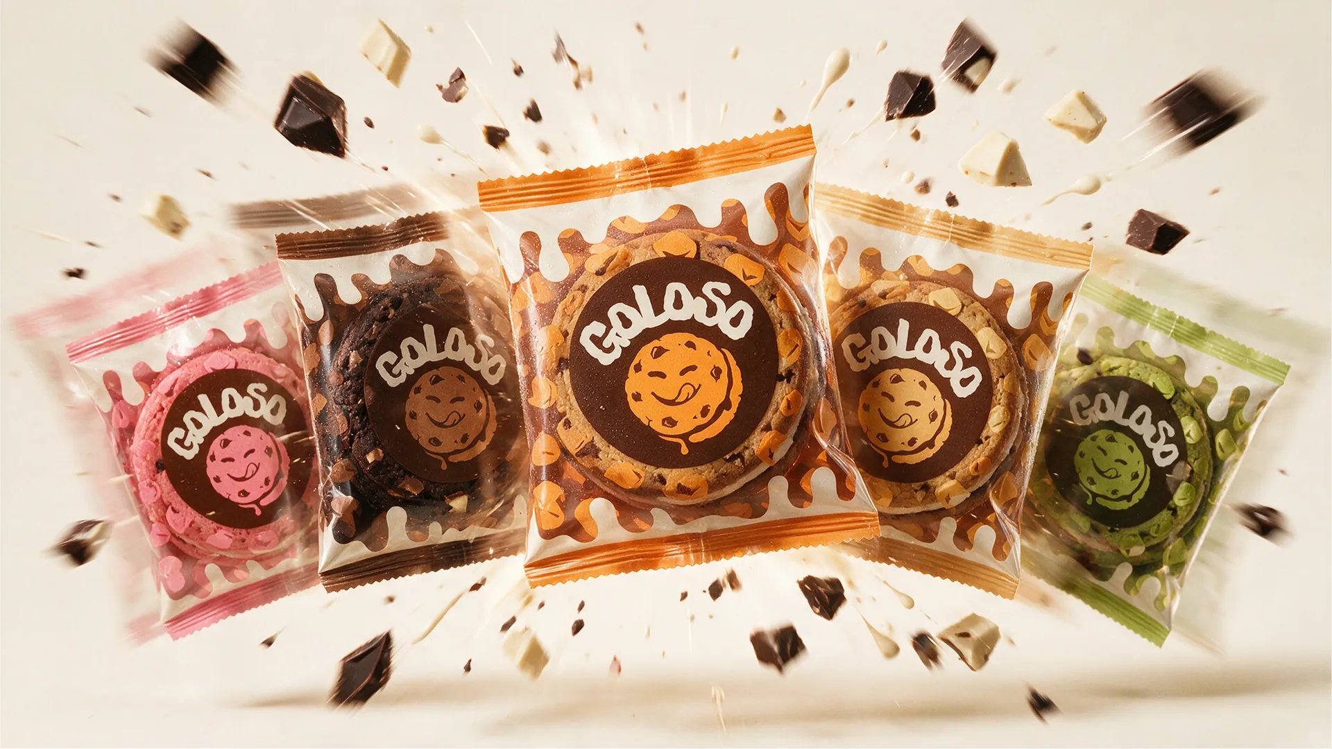 The five Goloso wrappers, one per flavor, flying among chocolate chunks.