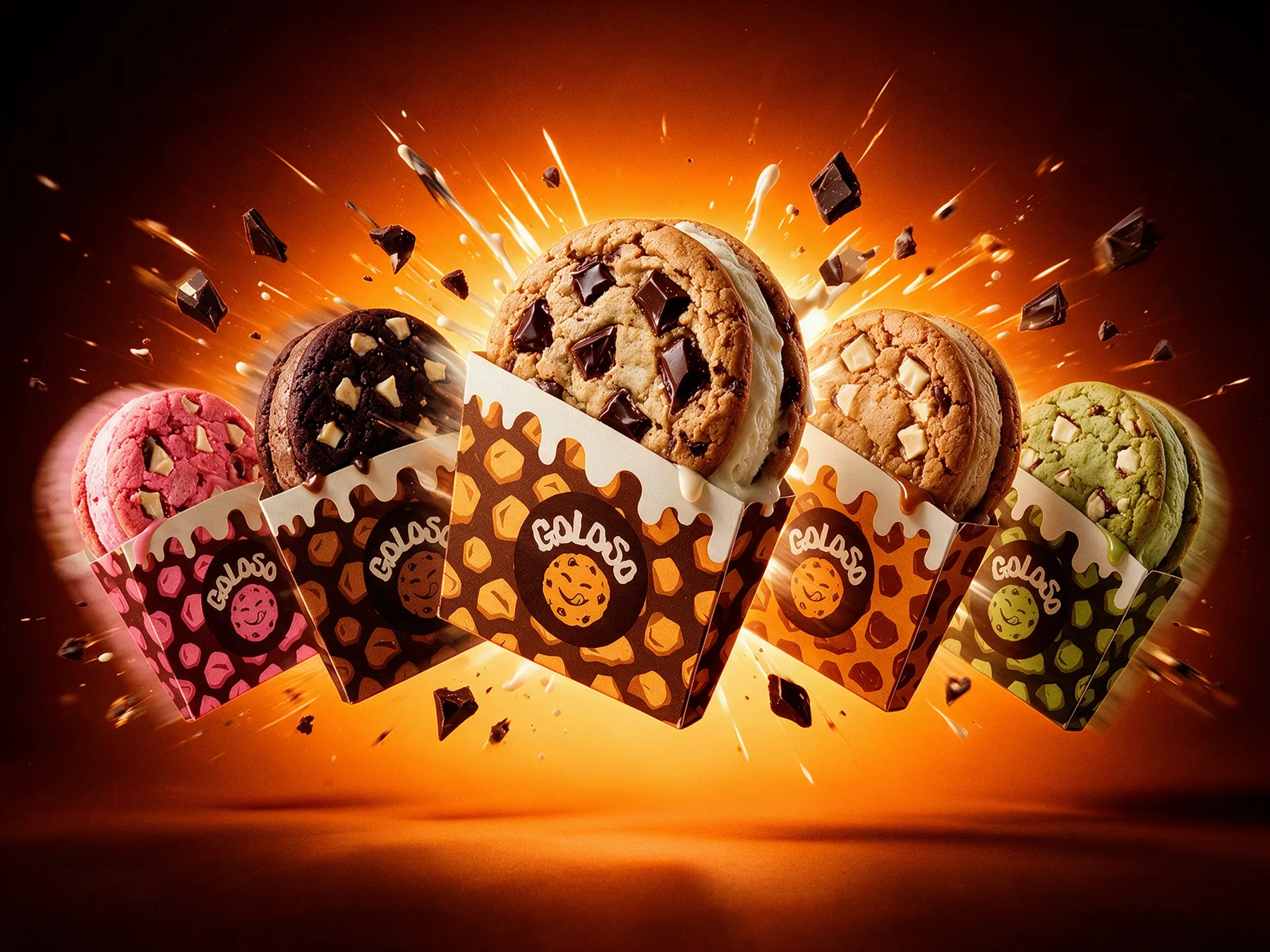 Cinco galletitas Goloso rellenas de helado, una por sabor, en sus envoltorios con el logo, entre trozos de chocolate sobre fondo naranja.