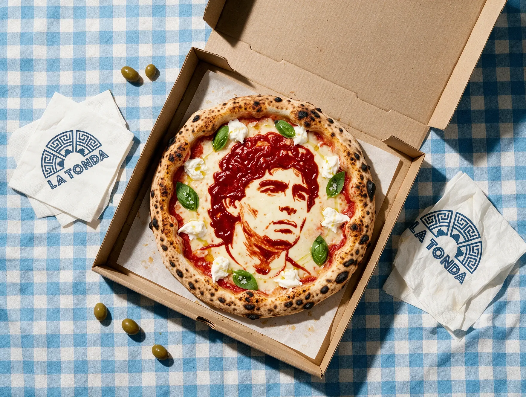 Pizza napolitana con la cara de Maradona dibujada en salsa, en una caja abierta sobre mantel a cuadros celeste, con servilletas de La Tonda.
