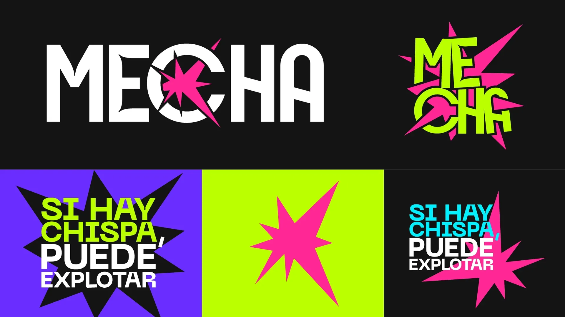 Versions of the Mecha logo, with the star breaking the C, and the tagline "Si hay chispa, puede explotar".