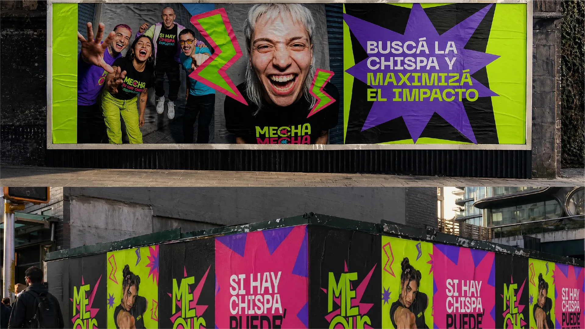 Mecha billboard reading "Buscá la chispa y maximizá el impacto" (find the spark and maximize the impact), over a construction fence covered in the brand's posters.