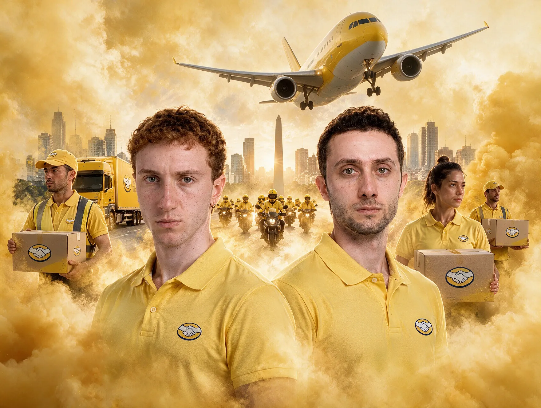 Equipo de Mercado Libre con chombas amarillas y cajas, rodeado de motos, camiones y un avión, con el Obelisco de fondo entre humo amarillo.