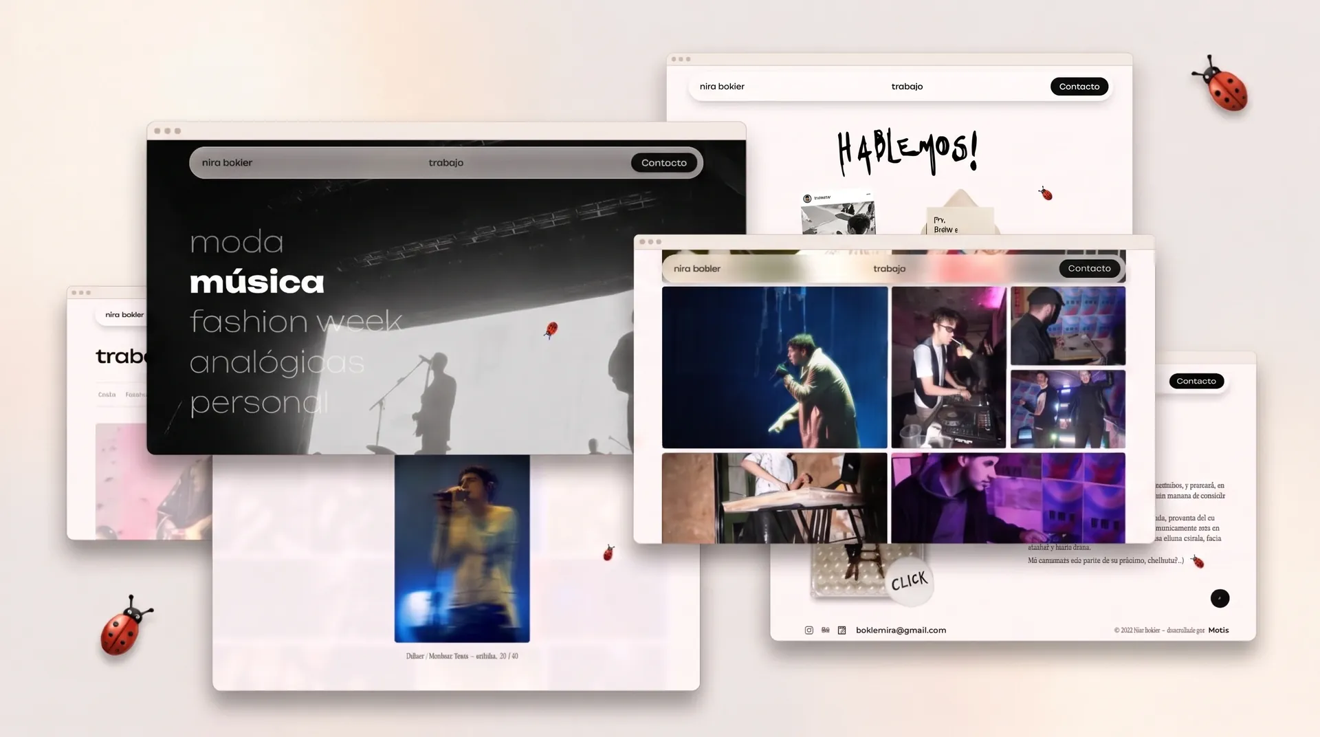 Screens of Nira Bokler's site: home, live music gallery, work and contact, with ladybug stickers.