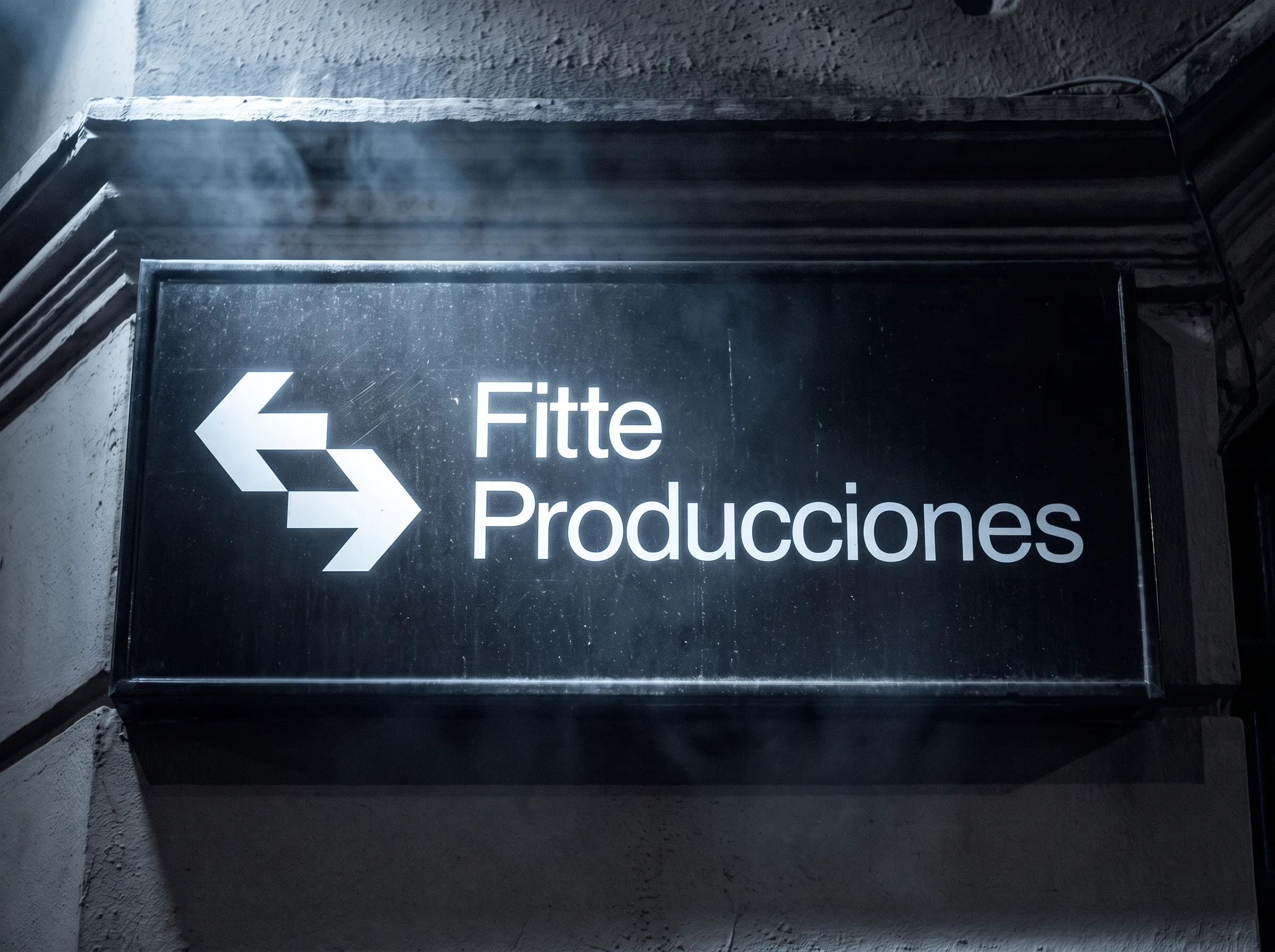Cartel luminoso con el logo de flechas y el nombre Fitte Producciones, colgado en una pared de noche.