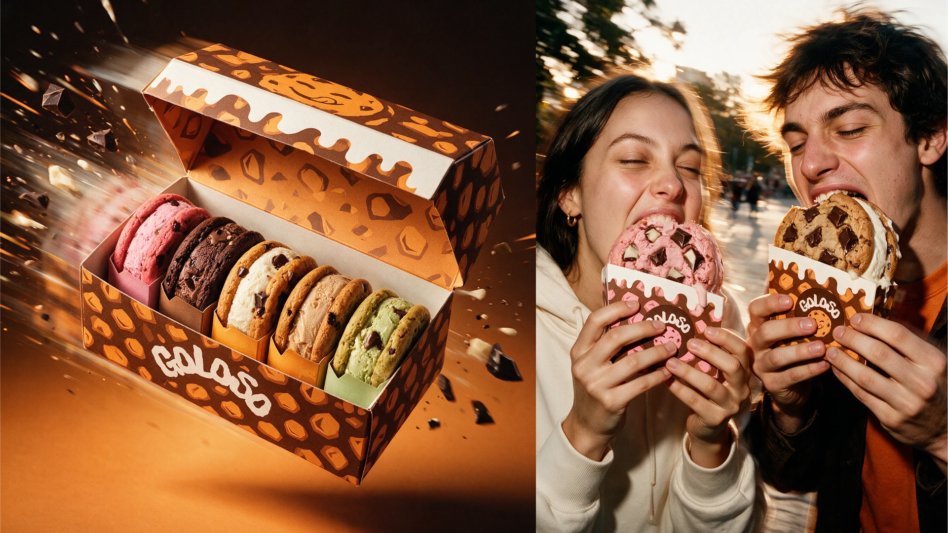 Caja de Goloso con las cinco galletitas de colores, y una pareja mordiendo dos galletitas en la calle.