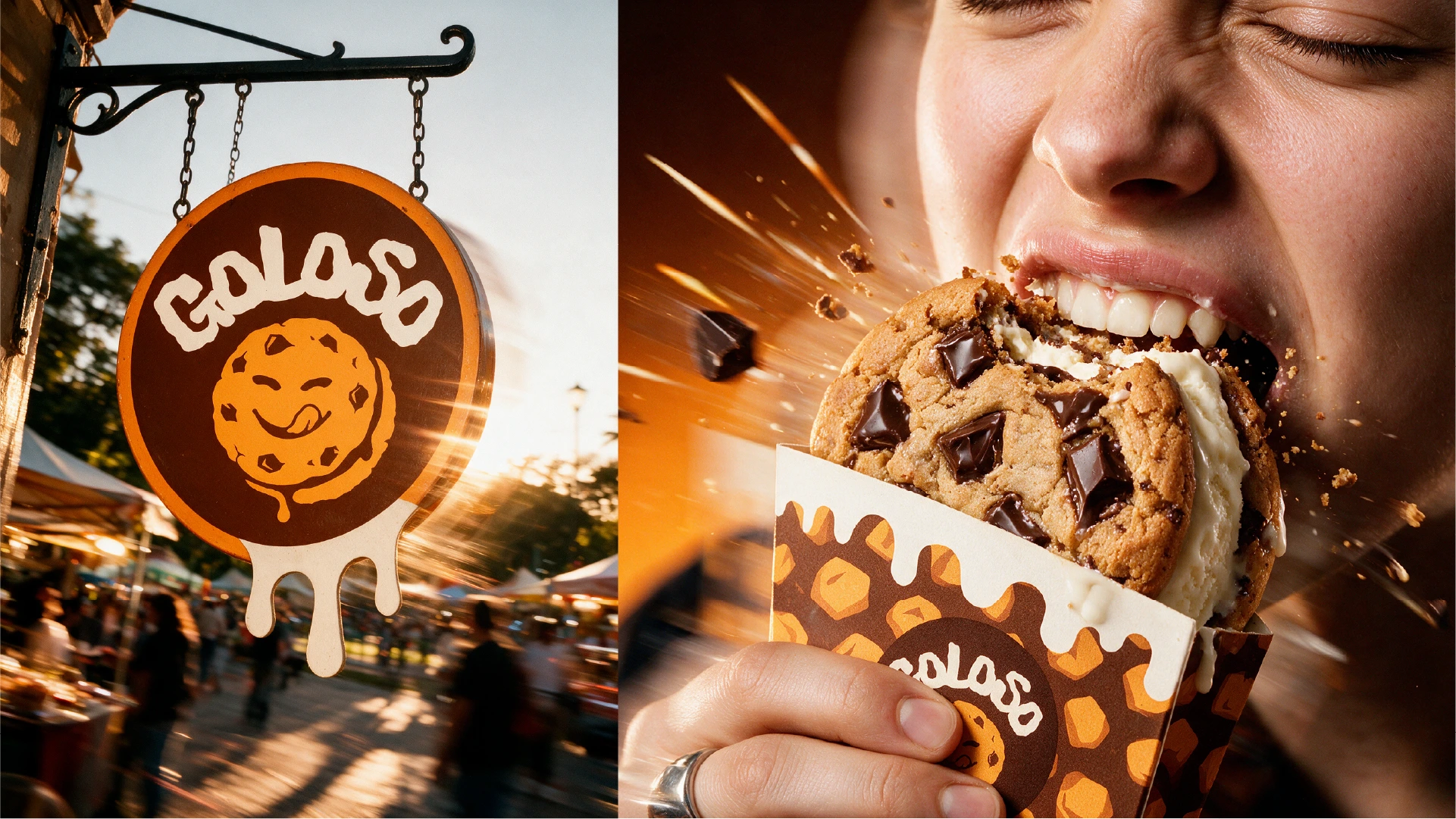 Cartel colgante con el logo de Goloso en una feria, y una persona mordiendo una galletita con helado.