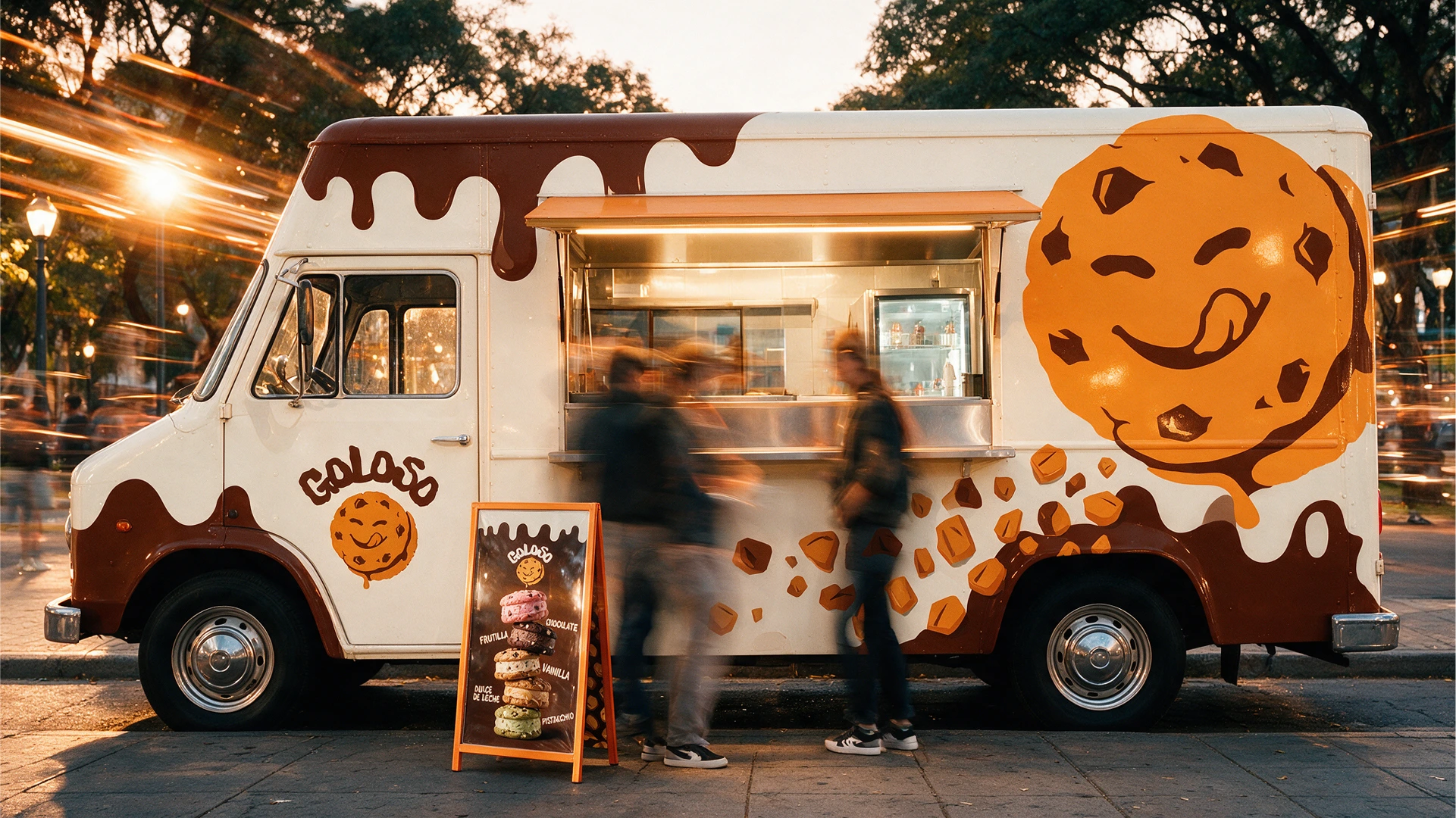 Food truck de Goloso con chocolate chorreando por la carrocería y la galletita gigante pintada al costado.