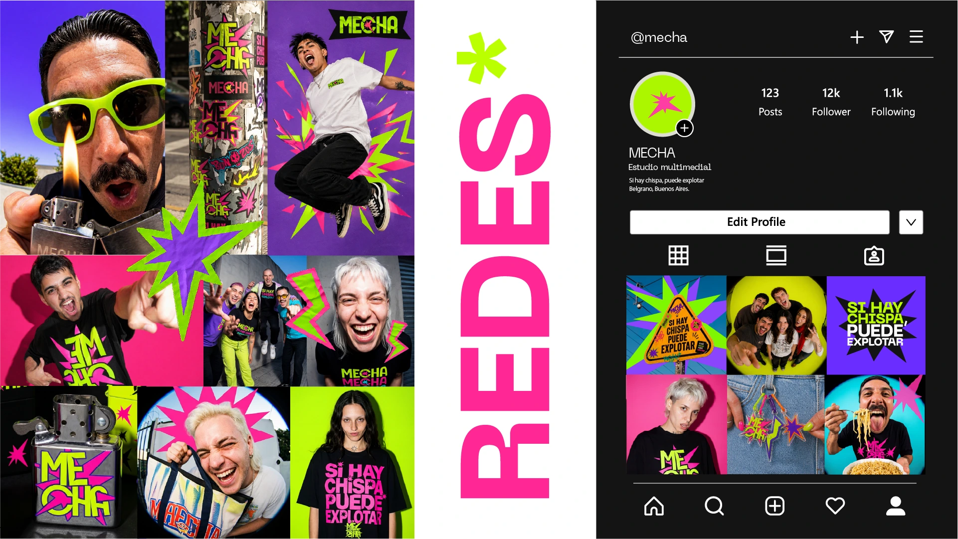 Piezas de contenido de Mecha para redes, junto al perfil de Instagram de la marca.